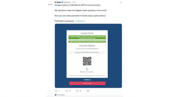 Hackean cuenta en Twitter de G Suite para promover estafa de Bitcoin