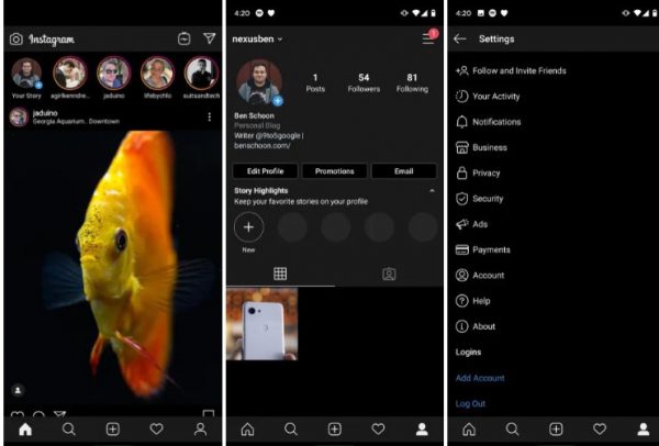 Instagram agrega modo oscuro en Android